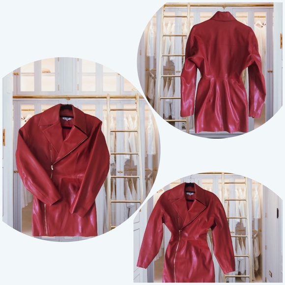 'CARDI-B' Red Vegan Leather Jacket Dress - Picture 7 of 12